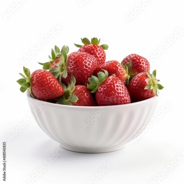 Fototapeta A fresh strawberries in a white bowl. Fresh raw organic fruit. Generative AI.