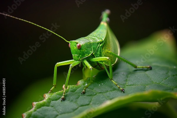 Fototapeta A grasshopper sits on a leaf with the word grass on it. Generative AI