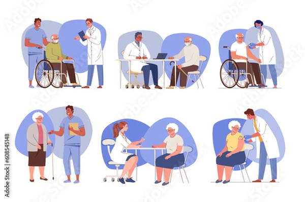 Fototapeta Set of illustrations of reception of elderly by geriatric doctor, internist. Physician consults patient, diagnoses, prescribes treatment. Vector characters flat cartoon.