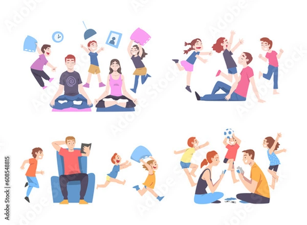 Fototapeta Calm Parents and Mischievous Children Running around Them Vector Set