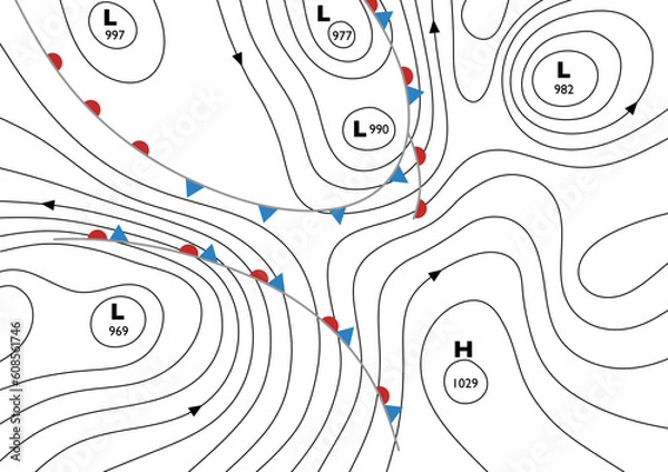 Fototapeta Editable vector illustration of a generic weather map showing isobars and weather fronts