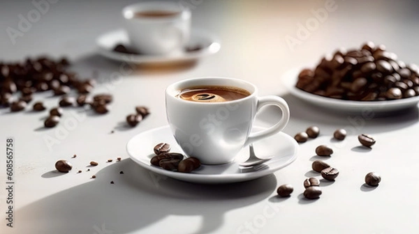 Obraz hot espresso and coffee bean on white table with soft-focus and over light in the background. top view 