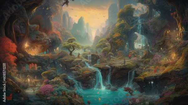 Fototapeta Mythical creatures, fairytale landscapes, and magical symbols together. Generative AI
