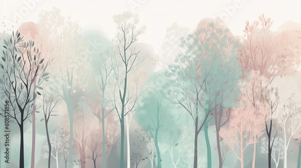Fototapeta Forest wallpaper background in pastel colors. Generative AI