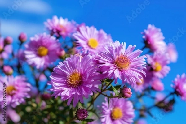 Fototapeta Portrait aster blooms flowers with light exposure AI Generative