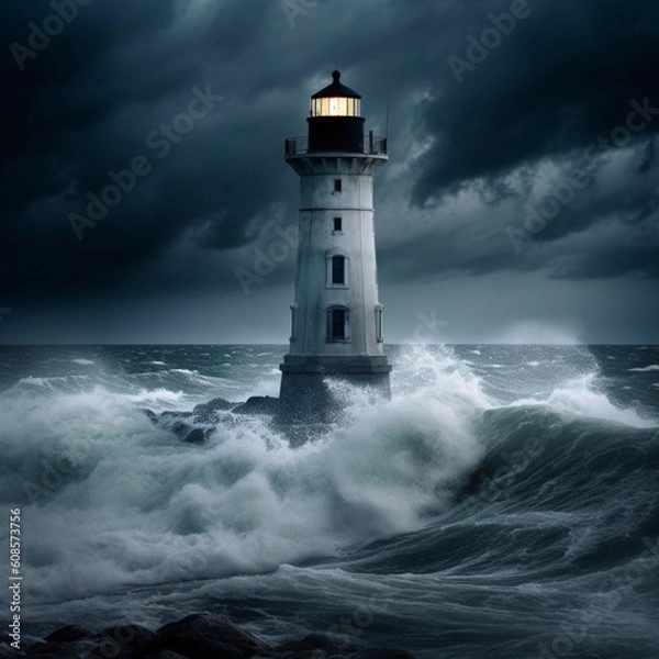 Fototapeta Illuminating the Darkness: Dramatic Lighthouse Wallpapers in the Midst of a Storm, Generative AI