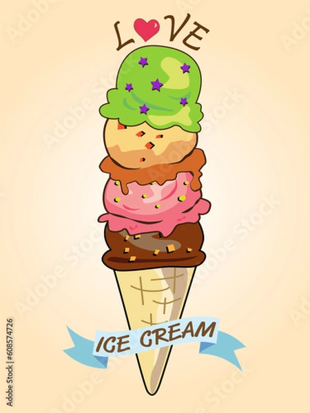 Fototapeta Ice cream scoops melting in waffle cones. Vector typographic style illustration for modern lettering text design shop and logo on product. Sweets dessert menu with food summertime concept.