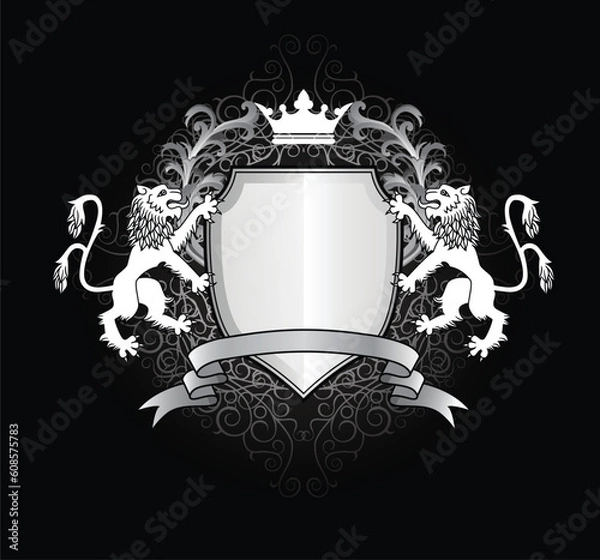 Fototapeta Heraldic lion with shield illustration