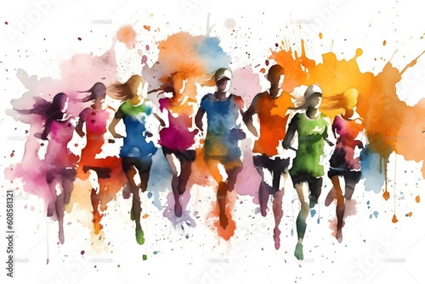 Obraz Watercolor design of many marathon runner - Generative AI
