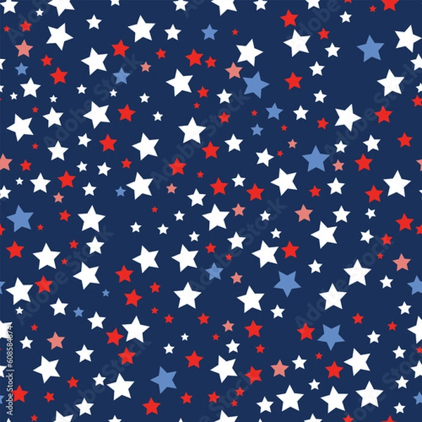 Fototapeta Patriotic colorful stars vector seamless pattern in red, blue and white colors on blue background. 4th of July design. American Independence day vector background.