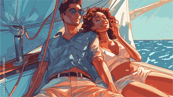 Fototapeta Young couple in love enjoying a trip on a yacht in the sea. Generative AI technology.