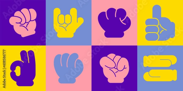 Obraz Cartoon gloved hand drawn abstract comic. Set of hand signs and symbols. Stickers in retro style. Vector illustration