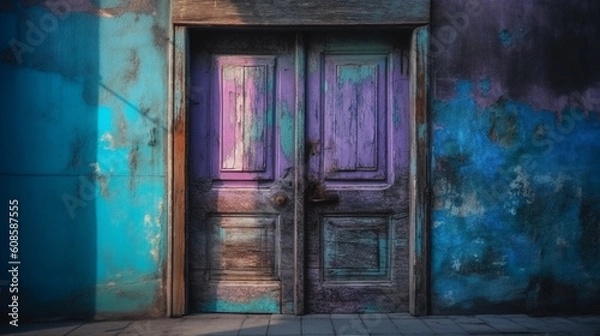 Fototapeta A close up of a wooden barn with a rusty hook and a blue and purple paint.generative ai