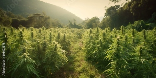 Obraz AI Generated. AI Generative. Medical weed pant cannabis marijuana field outddor farm nature wild. Graphic Art
