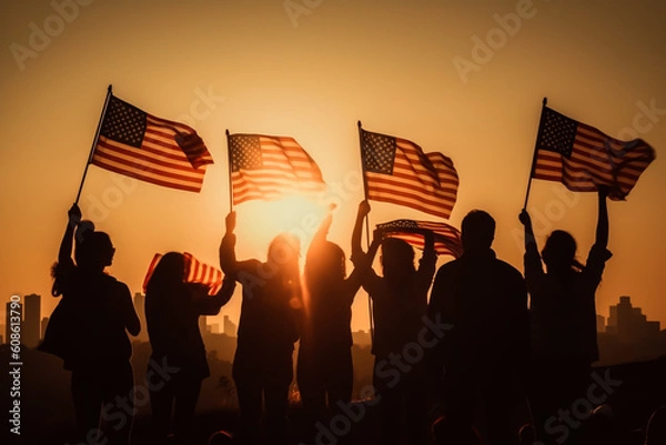 Fototapeta Silhouette group of People Waving American Flags in Back Lit. generative ai