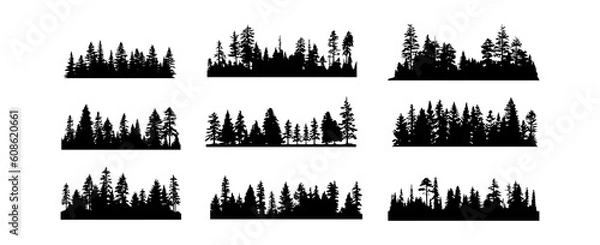 Obraz Forest tree silhouettes collection. Pine trees horizontal pattern panorama background. Vector illustration