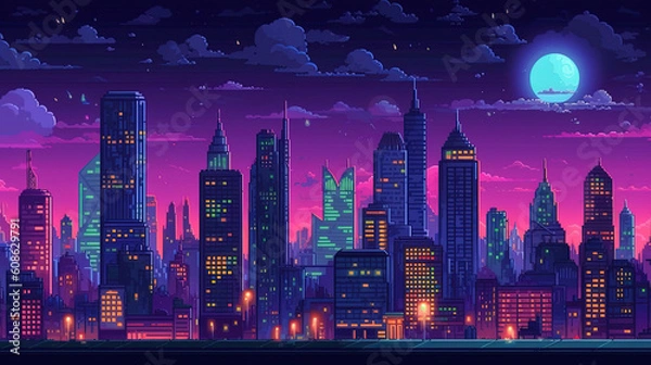 Fototapeta Night city. Game pixel art style like in old games of the 90's