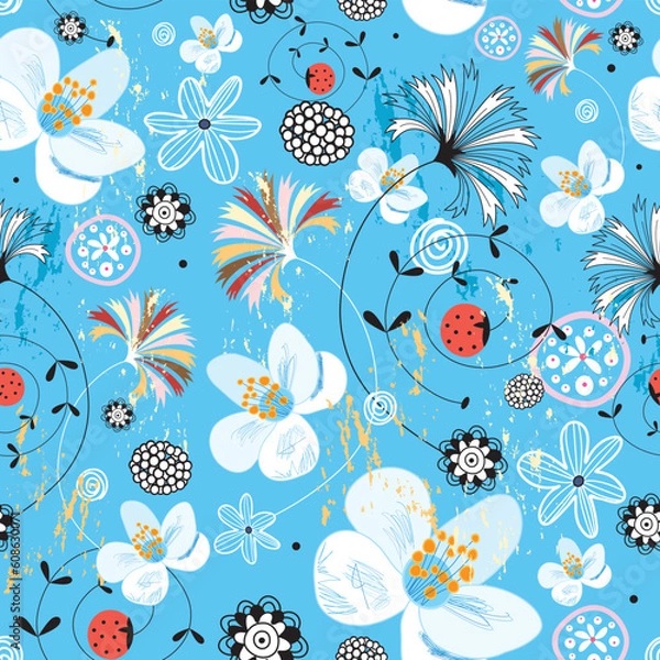 Fototapeta Seamless colorful floral pattern on a bright blue background