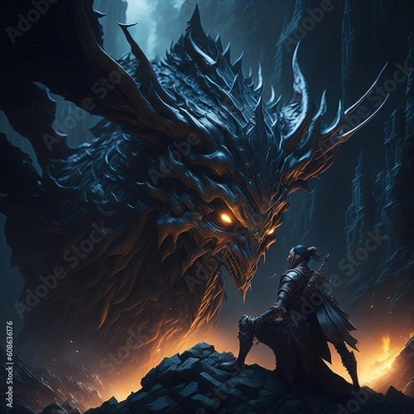 Obraz Dragon Vs hunter Generated AI Image