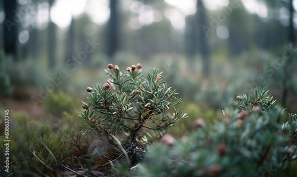Fototapeta  a small pine tree in the middle of a forest filled with pine cones.  generative ai