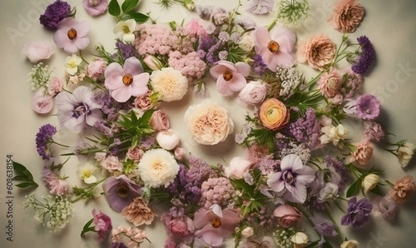 Fototapeta  a bunch of flowers that are laying on a table together.  generative ai