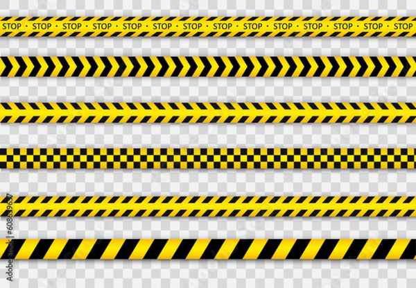 Fototapeta Black and yellow striped line. Police tape. Records with caution and signs of danger. Warning tapes against threats. 