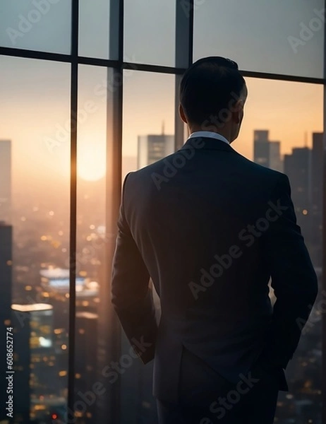 Fototapeta A businessman in a tailored suit looking out of a high-rise office window onto the city