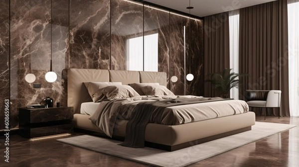 Obraz Modern luxury bedroom interior design with brown marble walls, wooden floor, comfortable king size bed with brown linens and carpet. Emperador tiles. Created with generative AI