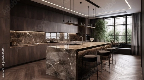 Obraz Luxury kitchen and dining room with black marble countertop, Emperador brown tiles. Modern concpet. Created with generative AI
