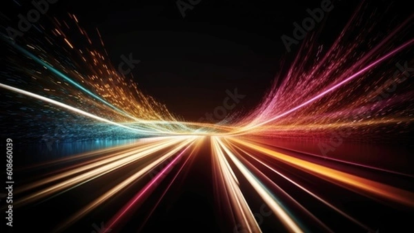 Fototapeta glowing rainbow light on black background , Generative AI