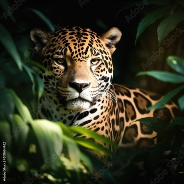 Fototapeta Portrait of jaguar in tropical jungle leaves and plants, created using generative ai technology