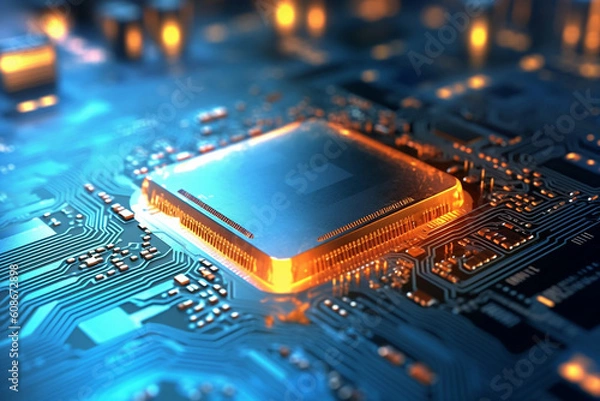 Fototapeta Chip close-up, cell phone chip, integrated circuit board. Horizontal photo. AI Generative