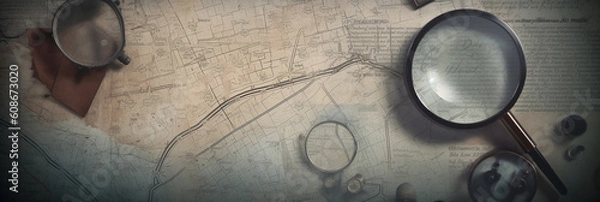 Obraz Vintage background on the theme of crime, police, detective, investigation. Magnifier. Old style. Banner AI Generative