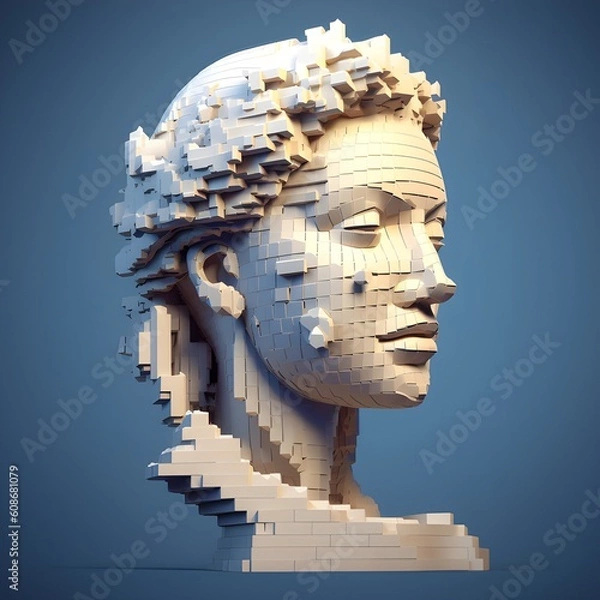 Fototapeta Broken ancient greek statue woman head falling in pieces., cracking bust, pixel art. AI generated