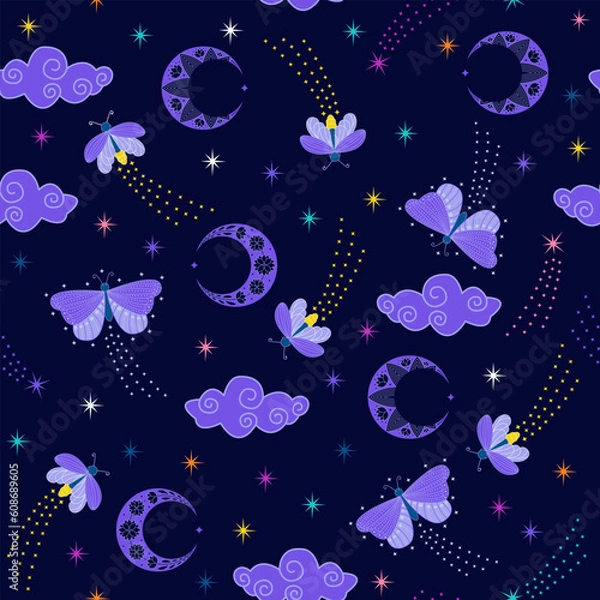 Fototapeta starry night sky seamless pattern. blue moon, cloud, butterfly and firefly seamless pattern. twinkle little stars. good for fabric, bedding, fashion design, pajama, textile, wallpaper, background.