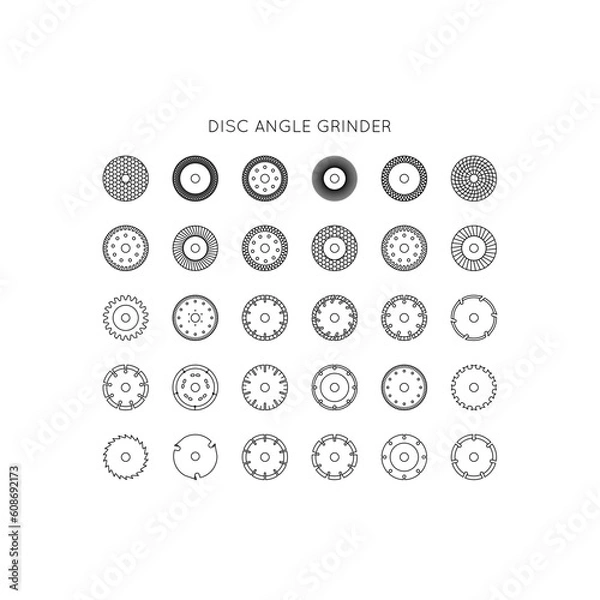 Obraz Diamond discs icons set. Discs for angle grinders. Cutting, metal, wood, concrete, granite, ceramics, asphalt, laminate.