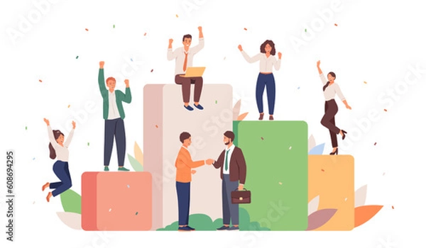 Fototapeta Productive work. Team achievements. Vector characters are happy to make deal. Men and women in office suits celebrating new contract. Heads of departments shake hands. Transition to new level