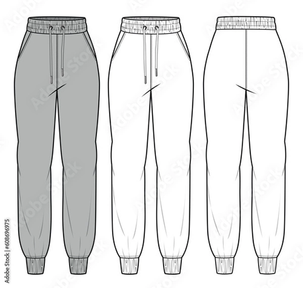 Fototapeta Ladies joggers front and back view technical flat sketch vector template