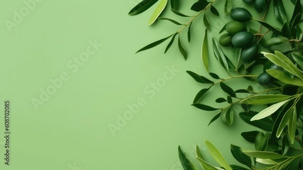 Obraz Background olive branch on a green background. green olives. olive oil. green banner. copy space. generative ai