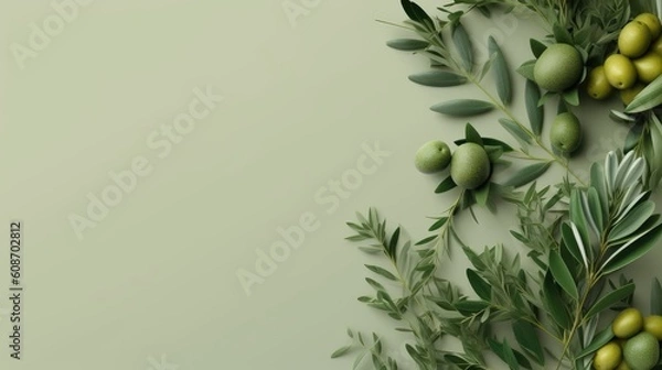 Obraz Background olive branch on a green background. green olives. olive oil. green banner. copy space. generative ai