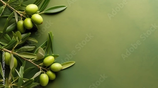 Fototapeta Background olive branch on a green background. green olives. olive oil. green banner. copy space. generative ai