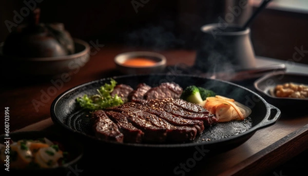 Obraz Grilled sirloin steak with vegetables, cooked to perfection on charcoal generated by AI