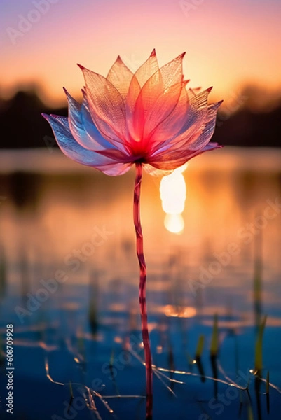 Fototapeta Macro photography of an epic sunset at a beautiful scenic lake as seen through the translucent petal of a flower blooming in the grass. AI generative