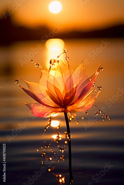 Fototapeta Macro photography of an epic sunset at a beautiful scenic lake as seen through the translucent petal of a flower blooming in the grass. AI generative