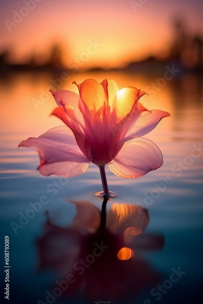Fototapeta Macro photography of an epic sunset at a beautiful scenic lake as seen through the translucent petal of a flower blooming in the grass. AI generative