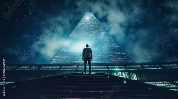Fototapeta With the city lights as his backdrop, a businessman takes a moment to admire the urban landscape, finding inspiration and motivation in the dynamic atmosphere of the night. generative AI.