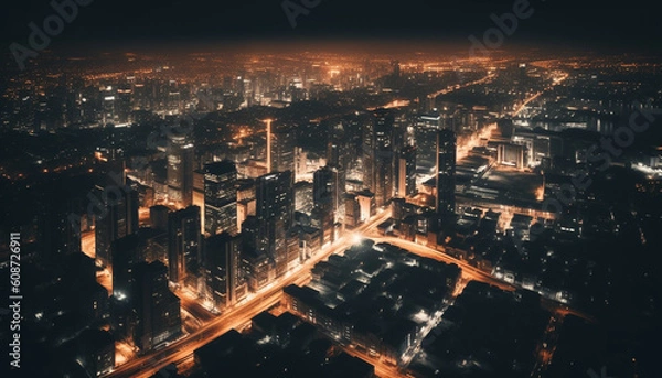 Obraz City skyline glows with modern architecture, traffic and nightlife below generated by AI