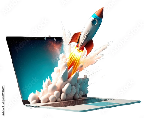 Fototapeta Digital illustration of laptop and rocket, PNG transparent background. Generative AI