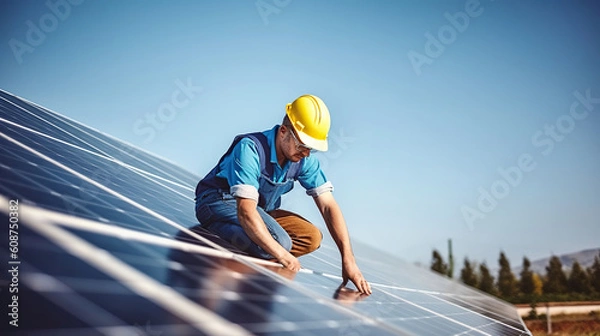 Fototapeta Worker installing solar panels outdoors, Generative AI