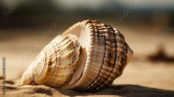 Fototapeta  a close up of a sea shell on a sandy beach.  generative ai